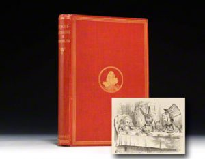 1865 first American edition of Alice in Wonderland in the original cloth.  You’ll notice that it looks similar to the first official London edition. 