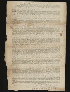 November 1776 broadside, a message of inspiration and encouragement from the Massachusetts government to the troops fighting in the Continental Army