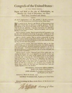 Broadside of a 1791 law concerning the Bank of the United States, one of 22 copies printed by order of Congress, signed by Jefferson as Secretary of State. 