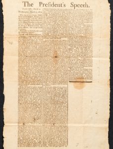 March 1801 Salem broadside of Jefferson’s First Inaugural Address.