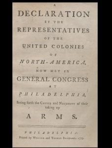 First pamphlet printing of the July 1775 Declaration... Setting forth the Causes and Necessity of their taking up Arms, written by Jefferson and Dickinson