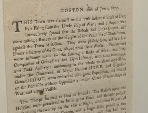 June 1775 Boston broadside containing a Loyalist account of the Battle of Bunker Hill.