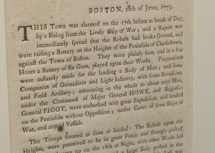 June 1775 Boston broadside containing a Loyalist account of the Battle of Bunker Hill.