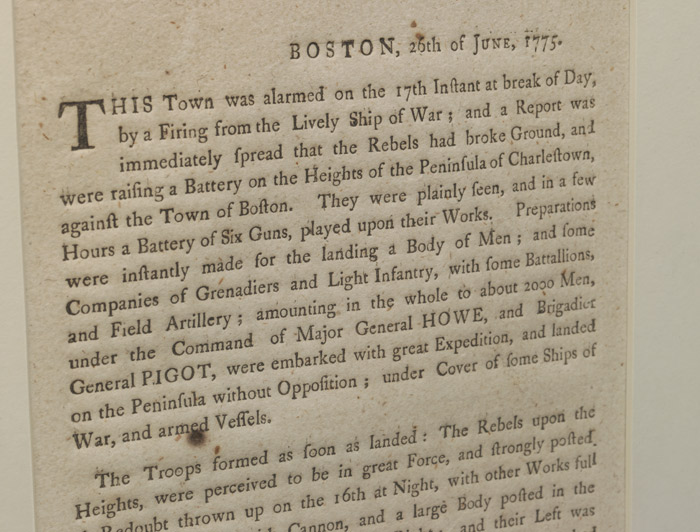 June 1775 Boston broadside containing a Loyalist account of the Battle of Bunker Hill.