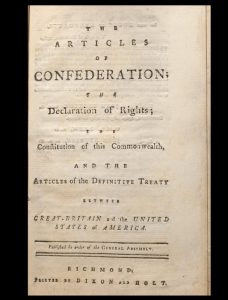 Pamphlet ordered printed by Virginia government in 1784—first Virginia printings of the ratified Articles of Confederation and the Treaty of Paris, with the Virginia Declaration of Rights and Constitution