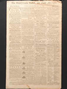 December 1787 issue of the Pennsylvania Packet, with advertisements on the front page