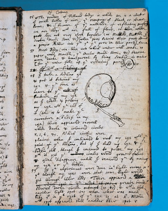 P.15 of Newton's personal journal in which he detailed the effects of his bodkin experiement