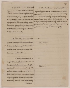 Library of Congress’ copy of Madison’s notes on the Virginia Convention, comparing the Declaration of Rights’ committee draft (left) to the final version (right) 