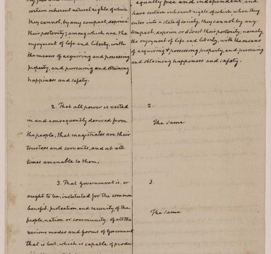 Library of Congress’ copy of Madison’s notes on the Virginia Convention, comparing the Declaration of Rights’ committee draft (left) to the final version (right)