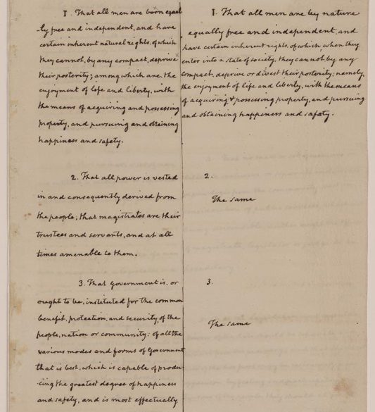 Library of Congress’ copy of Madison’s notes on the Virginia Convention, comparing the Declaration of Rights’ committee draft (left) to the final version (right)