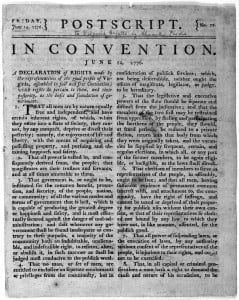 The Library of Congress’ copy of a June 14, 1776 Virginia Gazette newspaper printing of the Virginia Declaration of Rights 