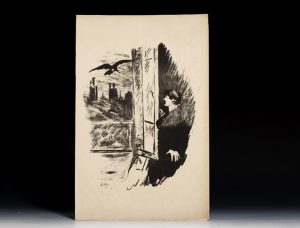 A plate from the magnificent 1875 French edition of the Raven, translated by Baudelaire and illustrated by Manet.