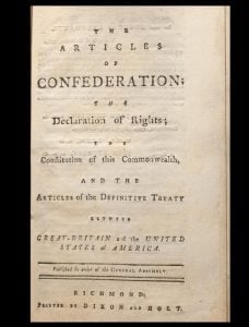 Rare Virginia printing of the Virginia Declaration of Rights and Constitution, the Articles of Confederation, and the Treaty of Paris