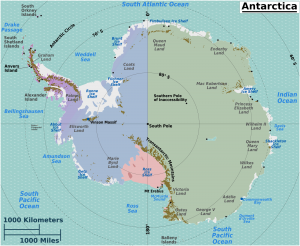 Ross Ice Shelf highlighted in pink.  McMurdo Sound and Mt. Erebus also noted.