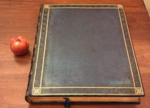 A single volume of the Macklin Bible, with an apple for scale.