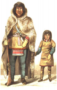 Chief Akaitcho of the Yellowknives tribe with his son.  Akaitcho was  recruited (along with several of his men) to act as guide and hunter  for Franklin’s expedition.  The portrait was executed by expedition  member, Robert Hood. 