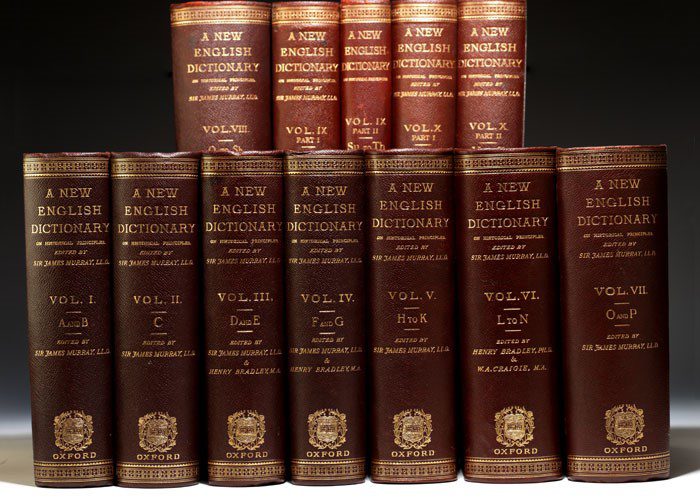 The 10-volume (here bound in 12) complete first edition set of the OED