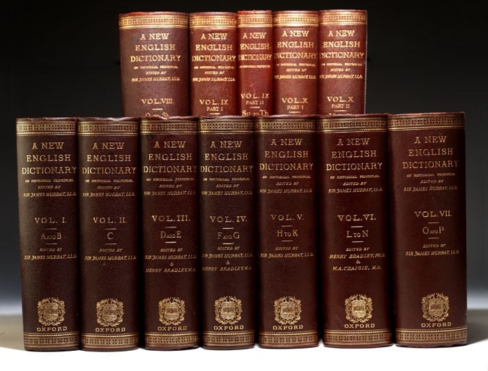 The 10-volume (here bound in 12) complete first edition set of the OED