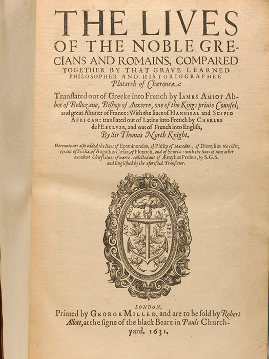 1631 edition of North's translation of Plutarch's Lives (BRB 90088)