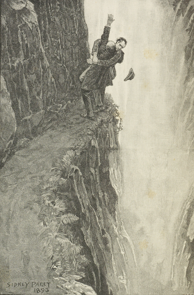 Sherlock Holmes and Professor Moriarty fighting at the Reichenbach Falls from the short story, The Final Problem.