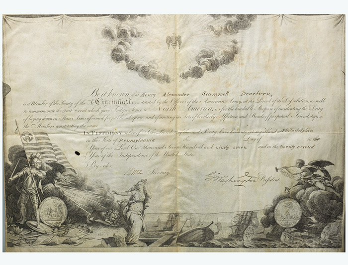 Certificate of Membership for the Society of Cincinnati, signed by George Washington (BRB 103275)