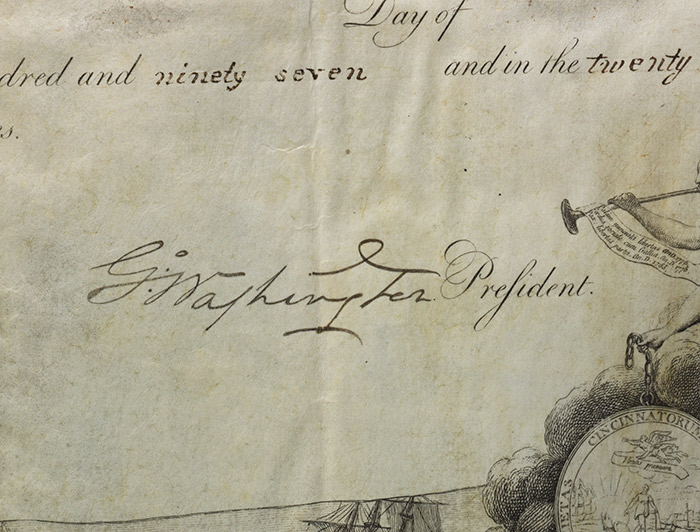 Detail of the Society of Cincinnati membership certificate, with Washington's bold signature (BRB 103275)