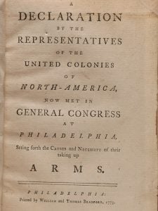 Title page of the first pamphlet printing for the Declaration on...Taking up Arms, composed for the Second Continental Congress by John Dickinson and Thomas Jefferson (BRB 89613)