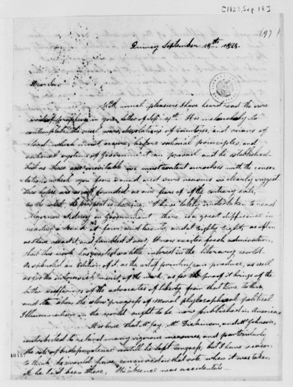 Adams’ September 18, 1823 letter to Jefferson, at the Library of Congress 