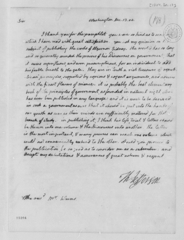 Jefferson’s December 13, 1804 letter to Mason Locke Weems, at the Library of Congress 