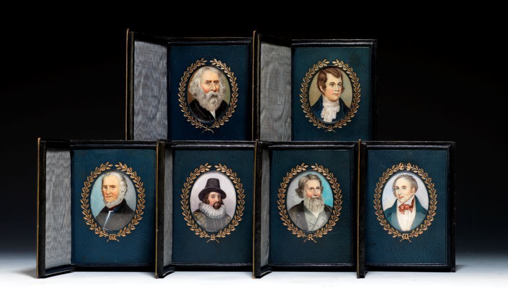 A collection of six Cosway-style portraits of literary luminaries: Wordsworth, Whittier, Longfellow, Burns, Bacon, and Ruskin (BRB 73626)