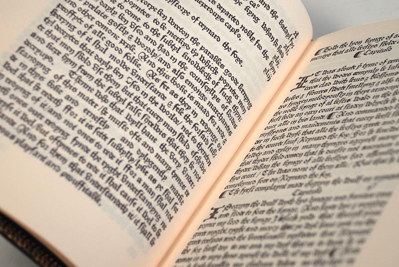 closeup of a copy of Caxton???s Reynart the Foxe owned by the great 17th-century diarist, Samuel Pepys