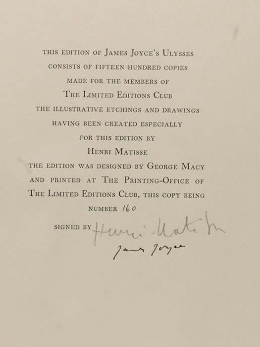 First illustrated edition of Joyce’s landmark Ulysses, number 160 of only 250 copies (from a total edition of 1500) signed by both James Joyce and Henri Matisse