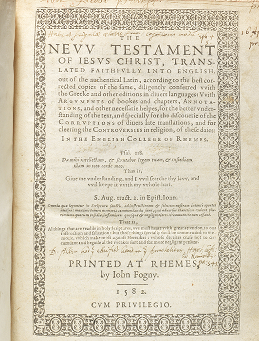 First edition of the Rheims Bible, the first Roman Catholic translation of the Bible into English. (BRB 103995)