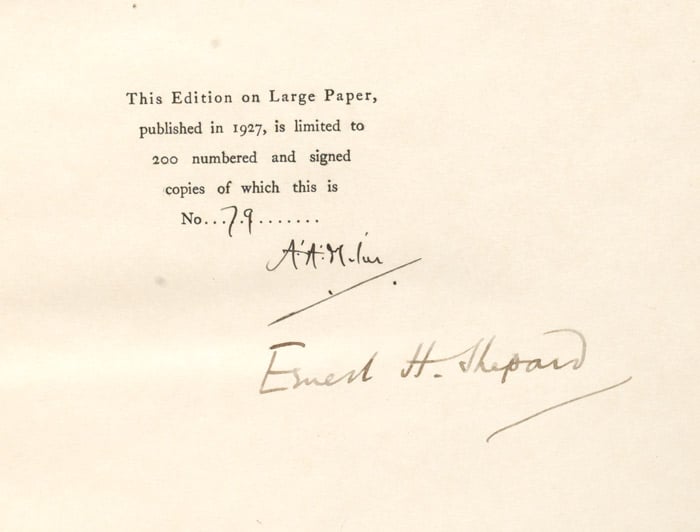 Now We are Six, 1927, Signed limited large-paper copy of the first American edition, number 79 of 250 copies signed by both Milne and illustrator Ernest Shepard (BRB 85015)