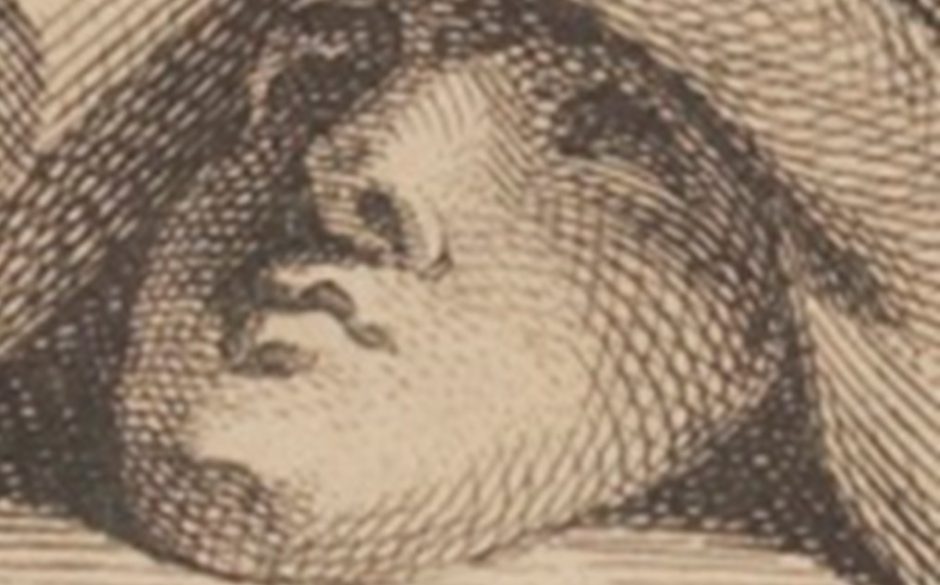 Detail face image from the Copper engraving from the expanded second edition of Hanmer's illustrated Works of Shakespeare